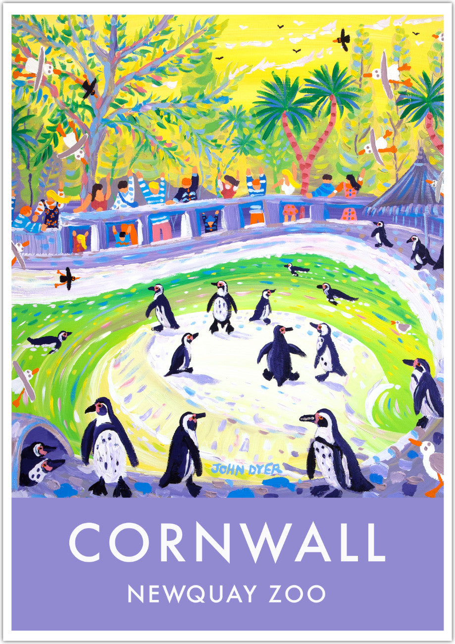 A gorgeous wall art poster print of penguins at the zoo in their penguin pool by John Dyer. The zesty lemon yellows, lime greens and purples create a tropical palette which the penguins are set against. Seagulls swoop overhead looking for fish in the penguin pool. The painting is part of the UK's permanent collection of art held at Falmouth Art Gallery and was commissioned for the UK's Darwin 200  celebrations. Available unframed or framed and ready to hang on the wall.