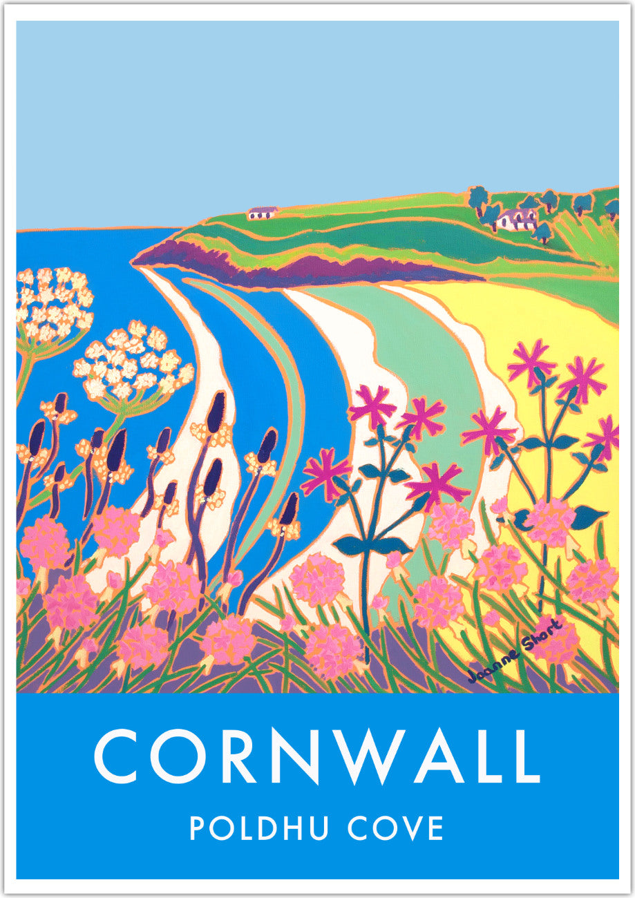 Poldhu Cove Art Prints of Cornwall by Cornish Artist Joanne Short. Art for Homes Vintage Style Poster Print. Cornwall Art Gallery