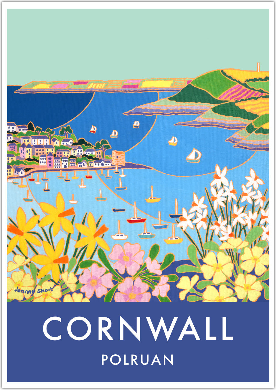 Polruan & Fowey River Art Prints of Cornwall by Cornish Artist Joanne Short. Vintage Style Poster Print Art for Homes. Cornwall Art Gallery