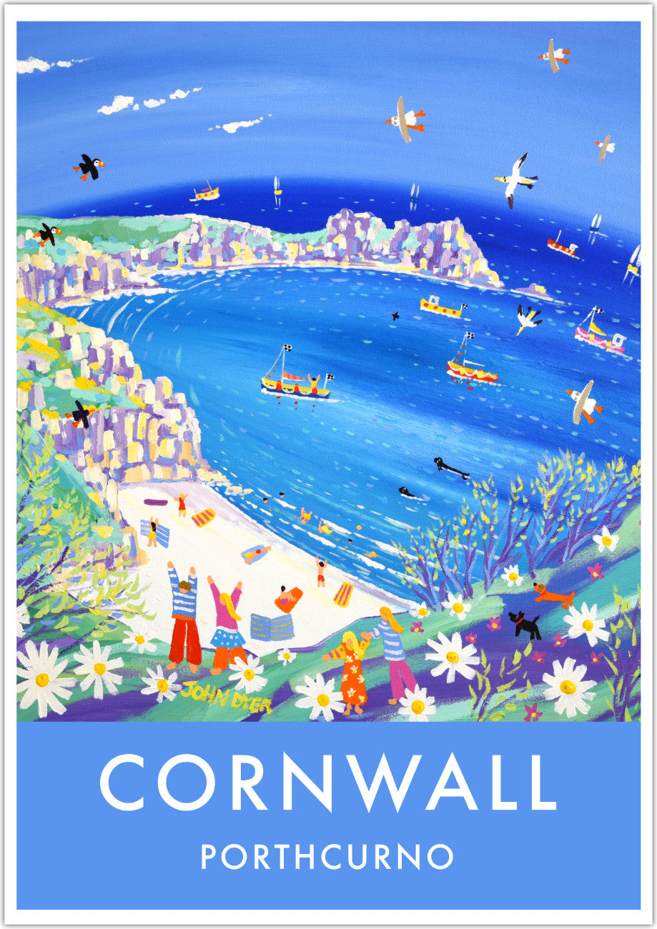 Porthcurno beach in Cornwall is captured by Cornish artist John Dyer in this delightful vintage style art poster print. Gannets, puffins and seagulls fly across the Cornish blue sky. The white sand of the beach sets off the glittering sea where we can see swimmers and seals enjoying the waves. Fishing boats sail into the cove and a family walks the Cornish cliff path on their way to the beach. A wonderful way to hang a window into Cornwall on your wall.