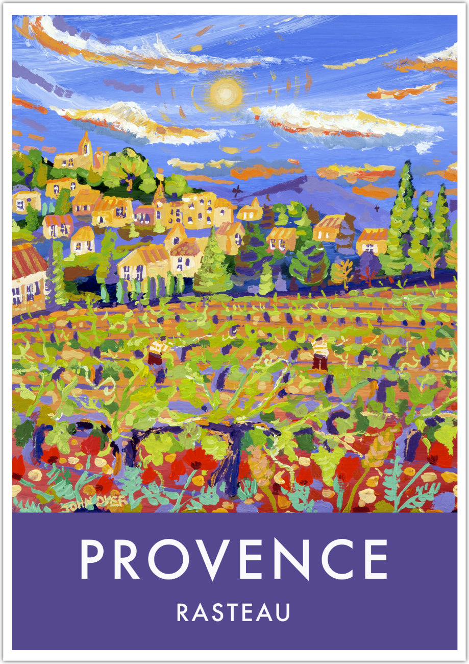 Provence wall art poster print available unframed or framed. The spring colours of the vineyards surrounding the wine producing village of Rasteau in Provence have been captured perfectly by British artist John Dyer. John often paints in Provence and stays in a farmhouse in the village. This vintage style art travel poster features John&#39;s painting &#39;The Sun sets over the new Vines, Rasteau&#39; which was painted en plein air in Provence.