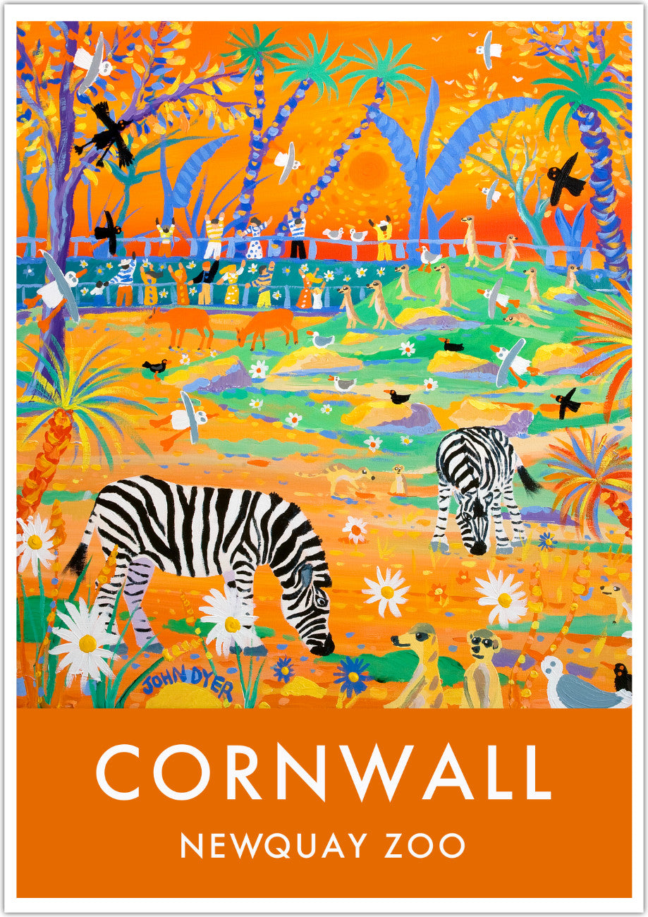 Vintage Style Travel Poster Art Print by Cornish Artist John Dyer of Newquay Zoo Safari Zebras