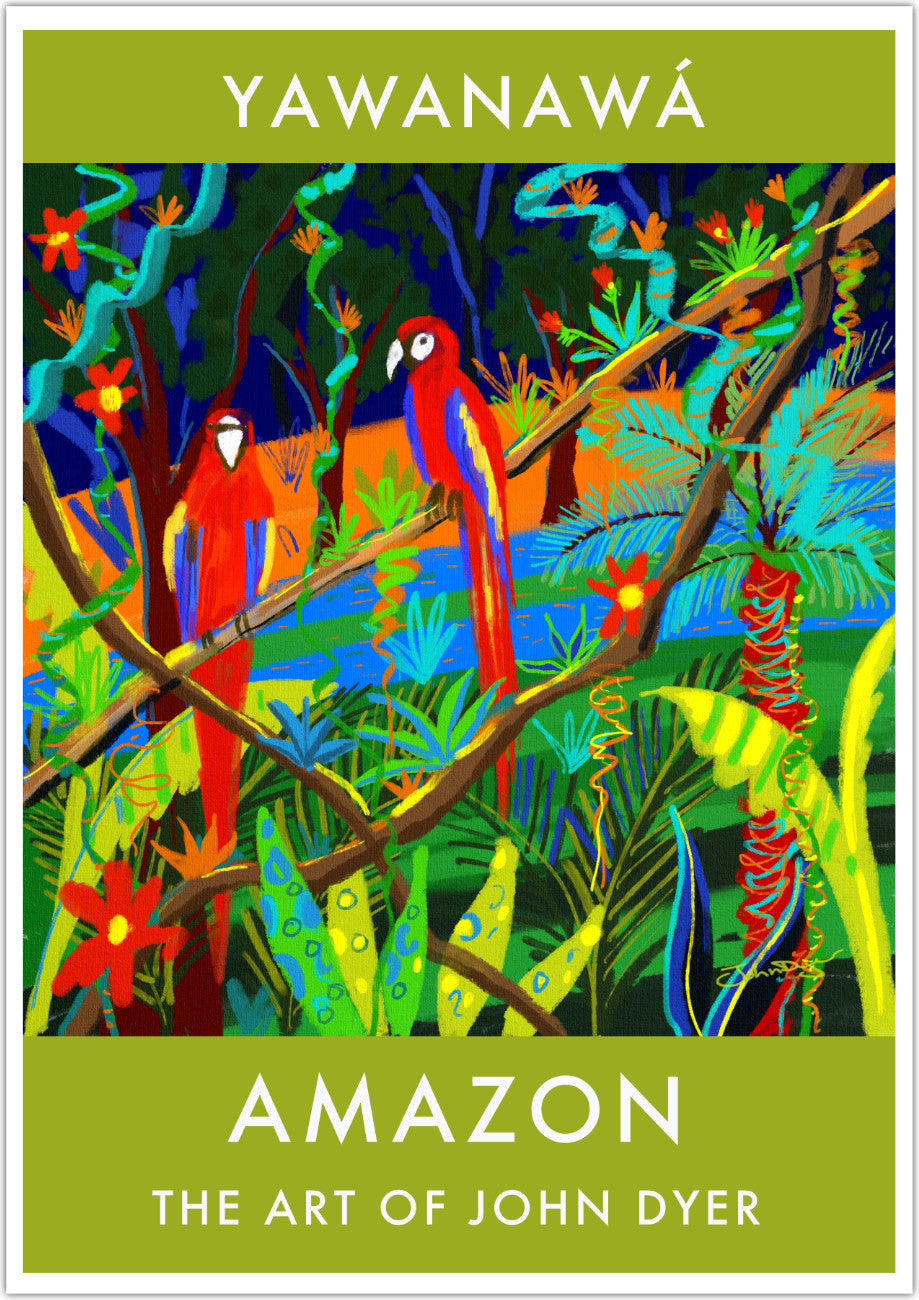 Vintage Style Jungle Wall Art Poster Print by John Dyer. Amazon Rainforest Parrots Brazil