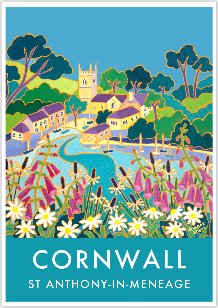Wall art poster print of St Anthony-In-Meneage, Helford, Cornwall by Cornish artist Joanne Short. St Anthony-in-Meneage is one of the most delightful locations on the helford River in Cornwall. This beautiful wall art poster, by Cornish artist Joanne Short, features her painting &#39;Floating on a Rising Tide, St Anthony-in-Meneage&#39;. Wild flowers fill the foreground &amp; the tide gently fills Gillan creek. Boats float on the calm water &amp; the small hamlet of St Anthony &amp; the church can be seen beyond.