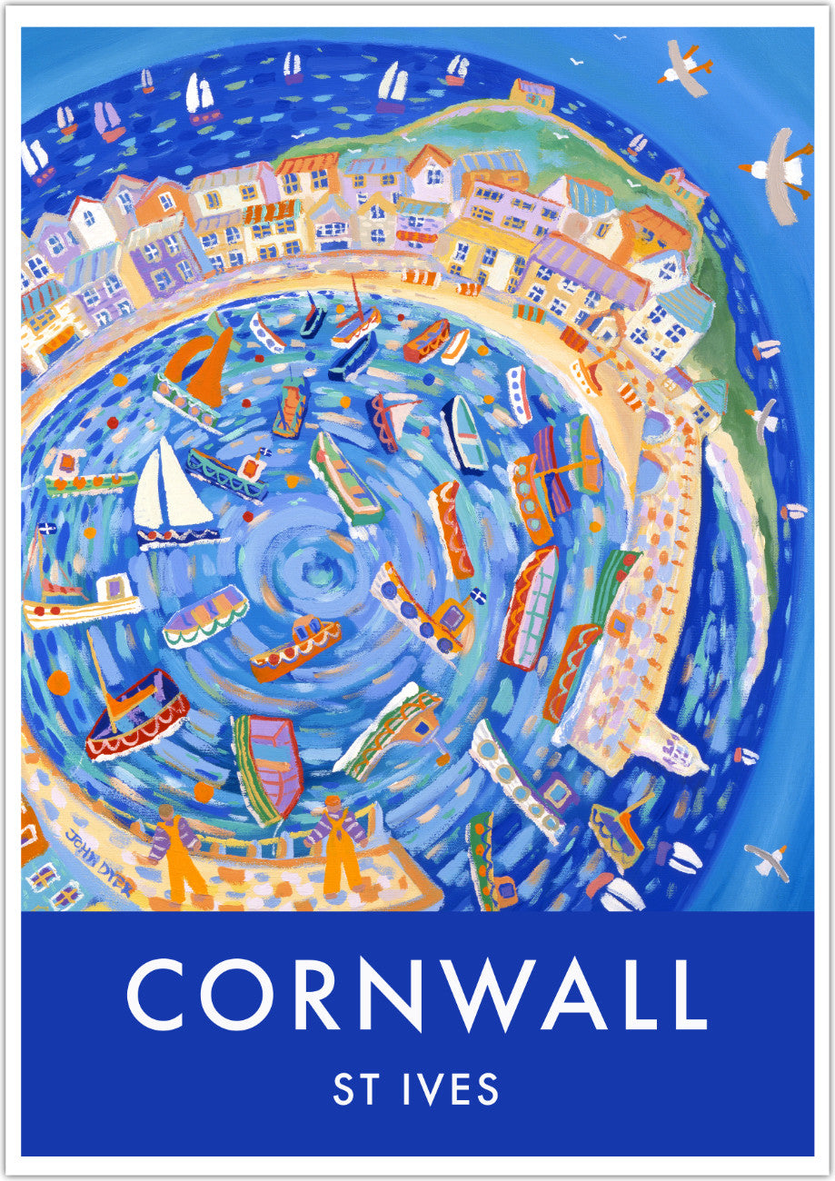 John Dyer Cornish wall art poster print 'Flying around the Harbour, St Ives'. The artist has wrapped the harbour of St Ives in Cornwall around in a circle which gives us a seagull's eye view of St Ives in this spectacular and fun image of one of Cornwall's most famous seaside towns. A perfect seaside art poster print for your home or office which is sure to bring a touch of Cornwall and the sea into your life. Available unframed or framed in a range of great sizes.