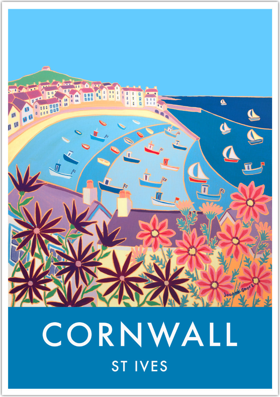 This vintage style wall art travel poster print of St Ives in Cornwall from contemporary Cornish artist Joanne Short is a real treat. Combining 1930s vintage style with the best of Cornish art and painting. Looking through the purple and pink flowers and the rooftops of St Ives we see bands of sweeping blue sea as the tide brings in a flotilla of small fishing boats and dinghies. It is a perfect blue sky summer day in St Ives. Available unframed, or framed and ready to hang.
