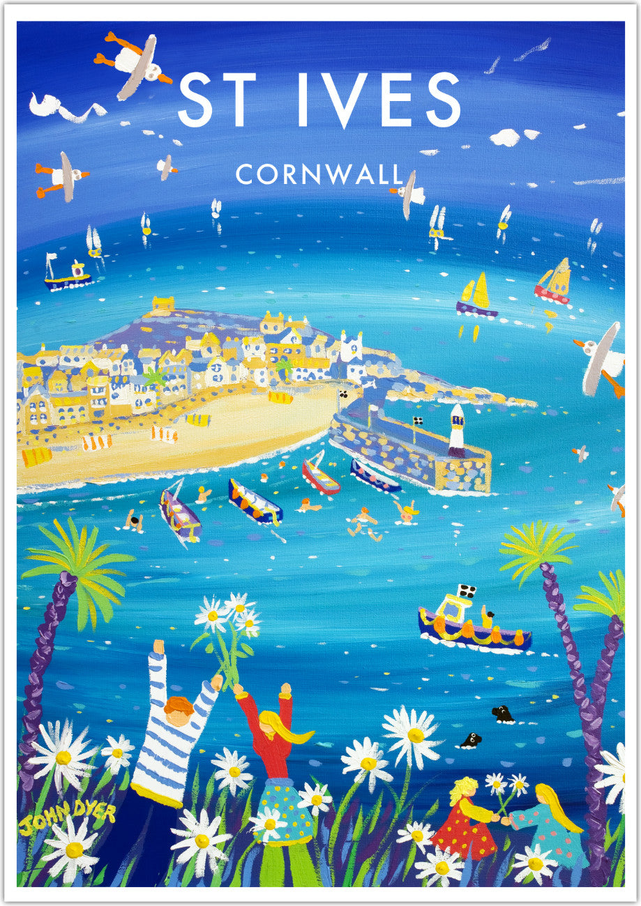 A wonderful John Dyer wall art poster print of St Ives in Cornwall with vintage style lettering and type. This colourful image by one of Cornwall's most famous artists is the perfect way to bring a touch of Cornish seaside magic into your home or office. Turquoise blue sea, summer flowers, Cornish fishing boats and all with John Dyer's famous flying seagulls. Available now either unframed or framed and ready to hang straight on your wall.