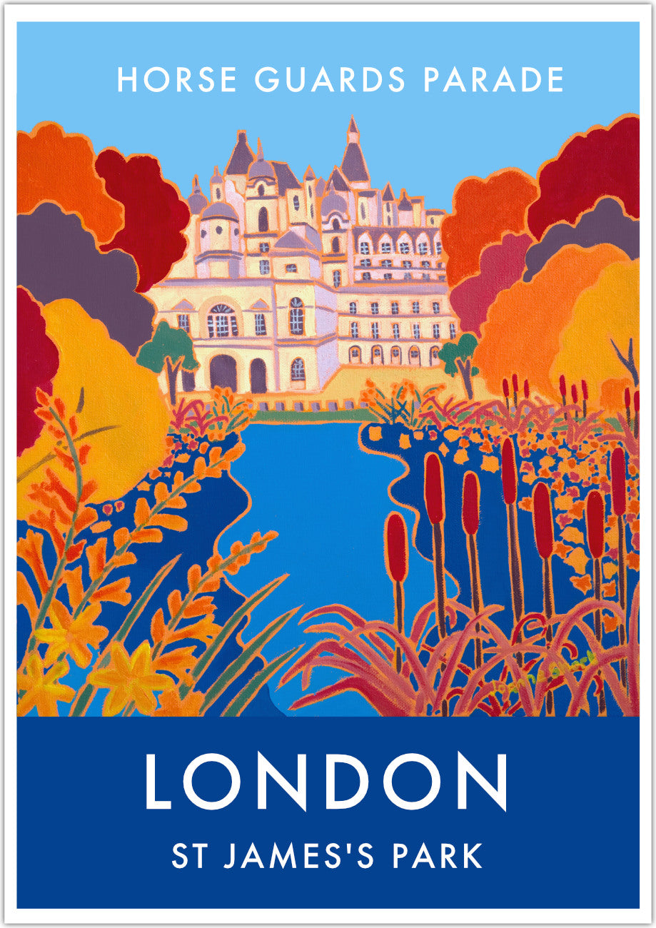 London wall art poster print of St James's Park and Horse Guards parade by British artist Joanne Short. A Vintage Style Travel Poster by Joanne Short of St James's Park and Horse Guards Parade in London featuring her stunning painting 'Autumn Colours, St James's Park'. Joanne's amazing use of line and form create stunning shapes and colours in the lake with bullrushes and autumn leaves providing the foreground to our view across the water to Horse Guards Parade.