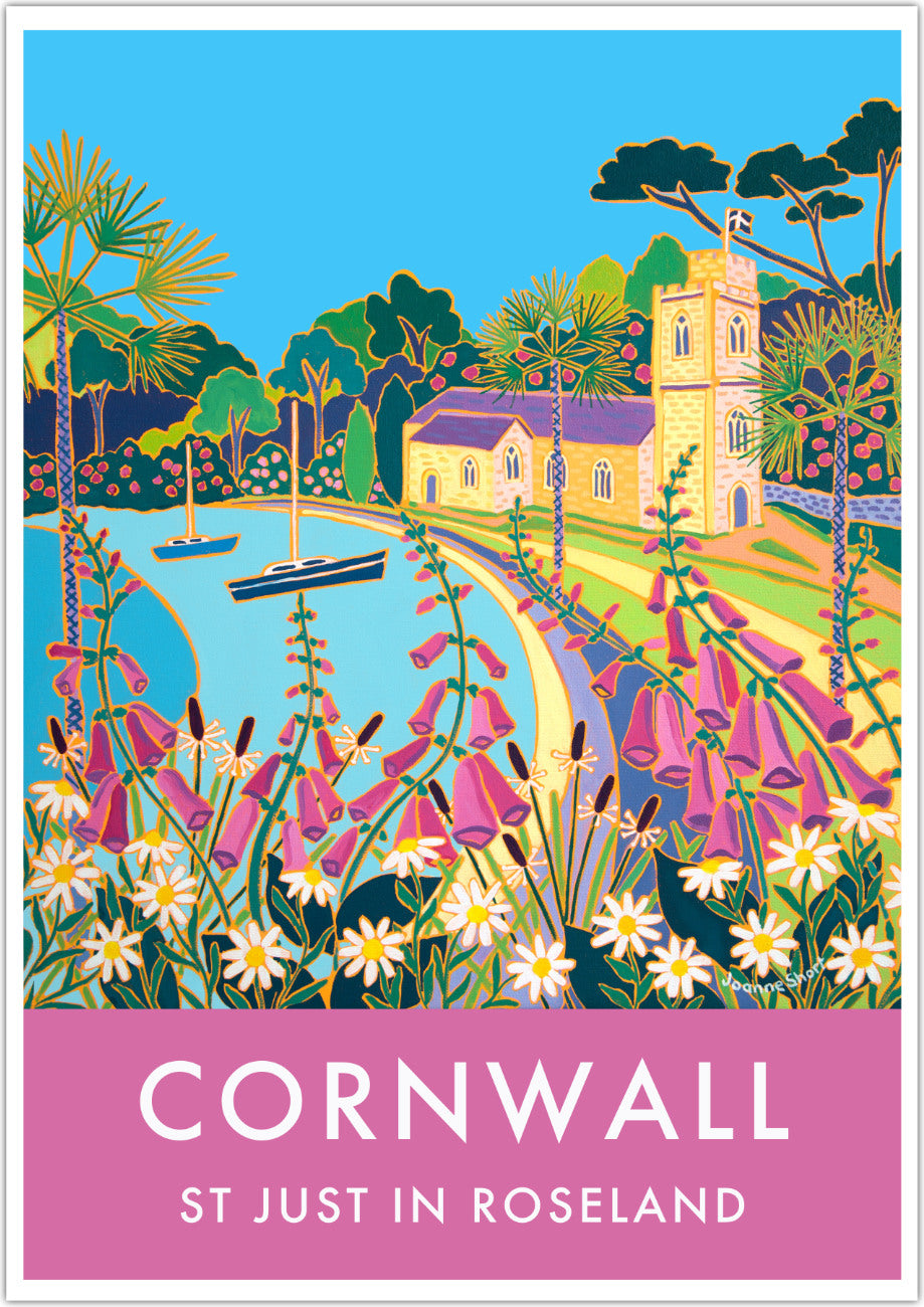 Cornish wall art poster print of St Just in Roseland Church by artist Joanne Short. An incredibly beautiful vintage style wall art poster print of the church at St Just In Roseland by Cornish artist Joanne Short. Featuring her painting &#39;Spring Flowers at High Tide, St Just in Roseland&#39; the image is full of wild Cornish flowers and colour with palm trees, foxgloves, daisies and wild grasses. Available unframed, or framed and ready to hang on your wall.