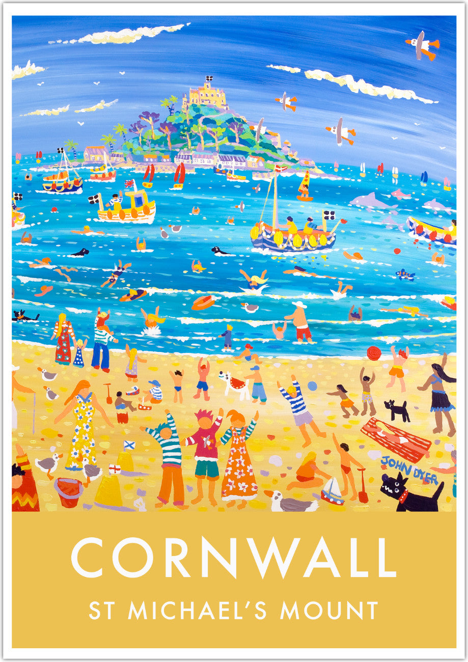 If you love Cornwall you will love this vintage seaside art poster print of St Michael&#39;s Mount by Cornwall&#39;s most acclaimed contemporary painter John Dyer. Wonderful typography combined with block colour and John&#39;s amazing painting provide a perfect vintage look. Surfers, seals, dogs, divers, fishing boats, dolphins &amp; much more create a real sense of fun and lots to see in this vibrant print. Available unframed or framed and ready to hang on your wall.