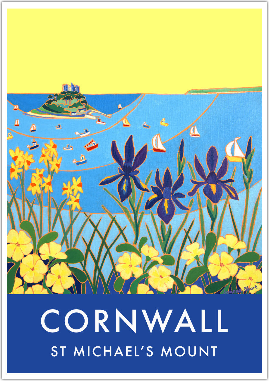 Cornwall wall art poster print of St Michael's Mount, Mount's Bay and Marazion by Cornish artist Joanne Short. If you are looking for a vintage style art travel poster of Cornwall then look no further. This gorgeous print from Newlyn Society artist Joanne Short brings you the vintage look & a piece of contemporary art. The almost luminous yellow sky & bands of blue sea rolling in towards the blue iris, daffodils & primroses draw our eye to St Michael's Mount which is surrounded by colourful Cornish boats.
