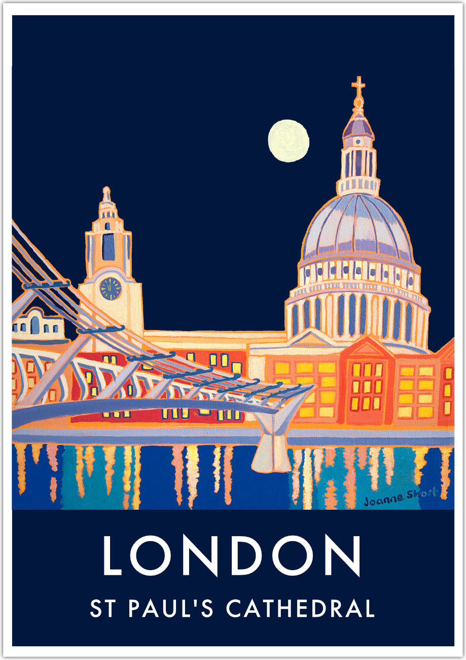 London wall art poster print of St Paul&#39;s Cathedral at night by British artist Joanne Short. We think this is possibly one of the best ever London vintage style travel art posters. Joanne Short&#39;s painting &#39;Full Moon over St Paul&#39;s Cathedral&#39; is remarkable in so many ways and creates a fabulous travel poster of London. A full moon illuminates St Paul&#39;s Cathedral and the London skyline &amp; everything is reflected in the River Thames. Vintage style typography completes the look of this piece.