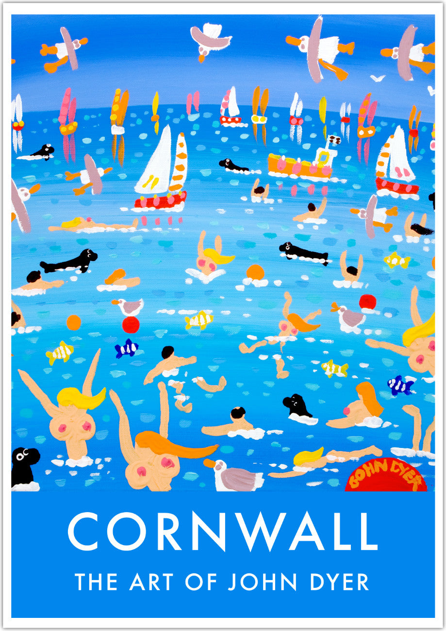 John Dyer art poster print of Cornwall with saucy cold water seaside topless bathers, seals, seagulls and Cornish boats. A fabulously fun seaside vintage style art poster by acclaimed Cornish artist John Dyer. Turquoise and blue sea with vintage style type create a real splash of summer. John Dyer&#39;s famous seagulls zoom through the blue sky. A perfect piece of Cornwall and a great John Dyer poster print for your wall. Available unframed or framed in a range of sizes.