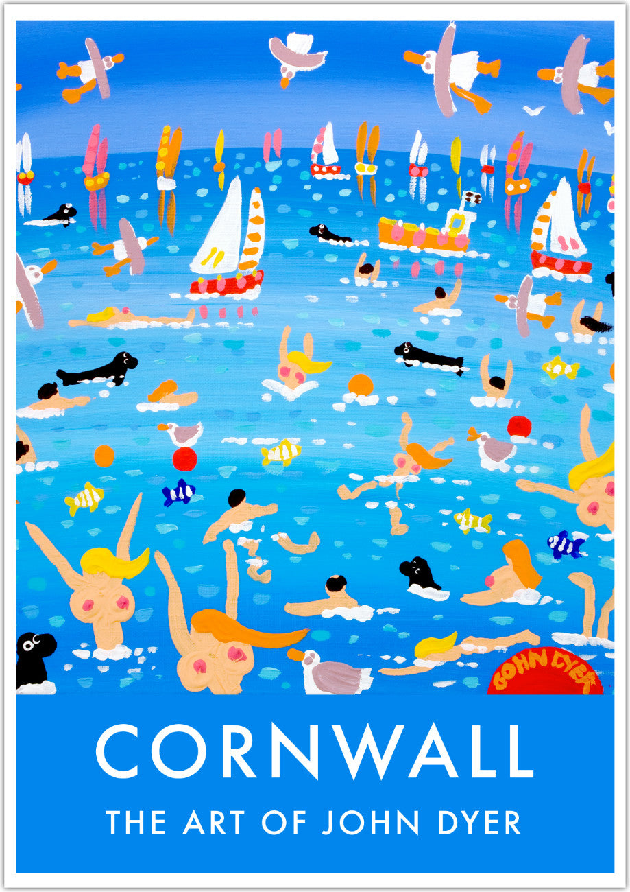 John Dyer art poster print of Cornwall with saucy cold water seaside topless bathers, seals, seagulls and Cornish boats. A fabulously fun seaside vintage style art poster by acclaimed Cornish artist John Dyer. Turquoise and blue sea with vintage style type create a real splash of summer. John Dyer's famous seagulls zoom through the blue sky. A perfect piece of Cornwall and a great John Dyer poster print for your wall. Available unframed or framed in a range of sizes.