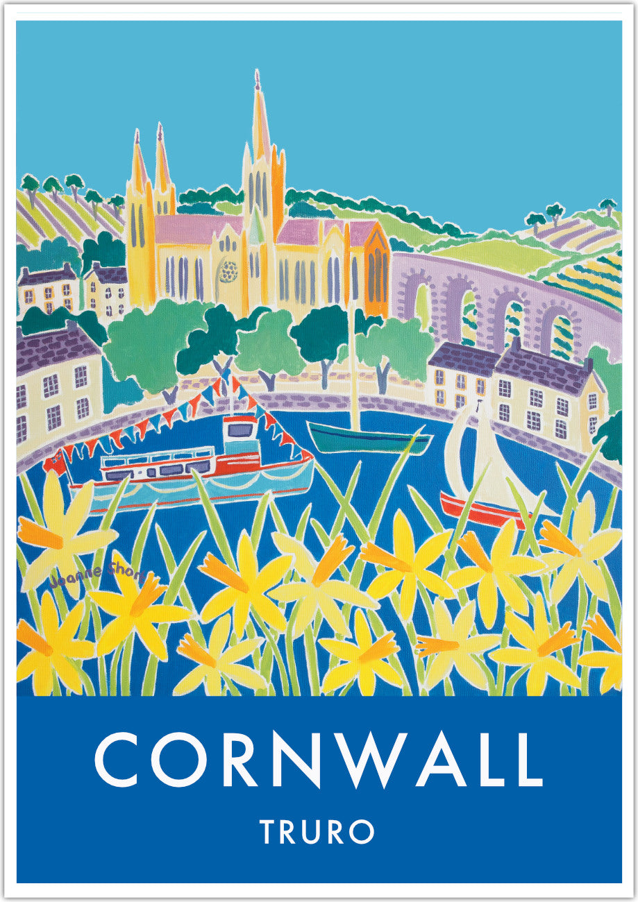 Wall art poster print of Truro in Cornwall by artist Joanne Short. This vintage style travel poster from artist Joanne Short captures the perfect vintage feel of Truro with a stunning painting & wonderful type. The painting was commissioned by Truro city Council and makes the perfect image of Truro city with the cathedral viewed from across the river though the Cornish spring daffodils. A Falmouth ferry is arriving in Truro and sailing boats drift by.