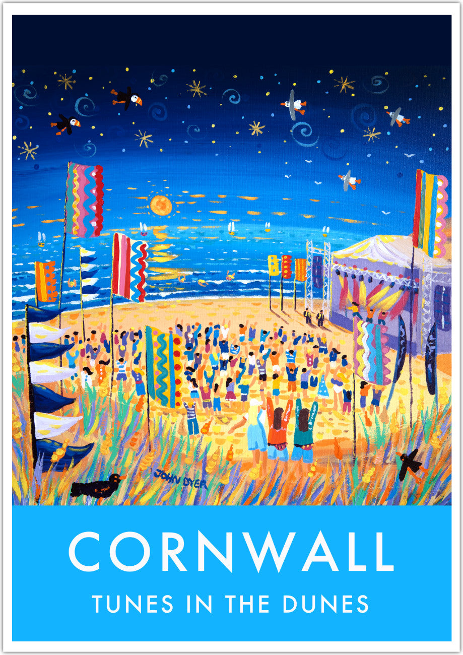 A stunning wall art poster print of the Tunes in the Dunes Music Festival on Perranporth Beach in Cornwall by Cornish artist John Dyer. A night sky full of stars with a glowing North Cornwall sunset lights up the festival flags and crowd. Wild grasses, sand dunes, puffins & seagulls create the essence of Cornwall. A group of teenagers dance in the dunes and colourful lights radiate from the stage. Perfect. Available unframed or framed and ready to hang on your wall.