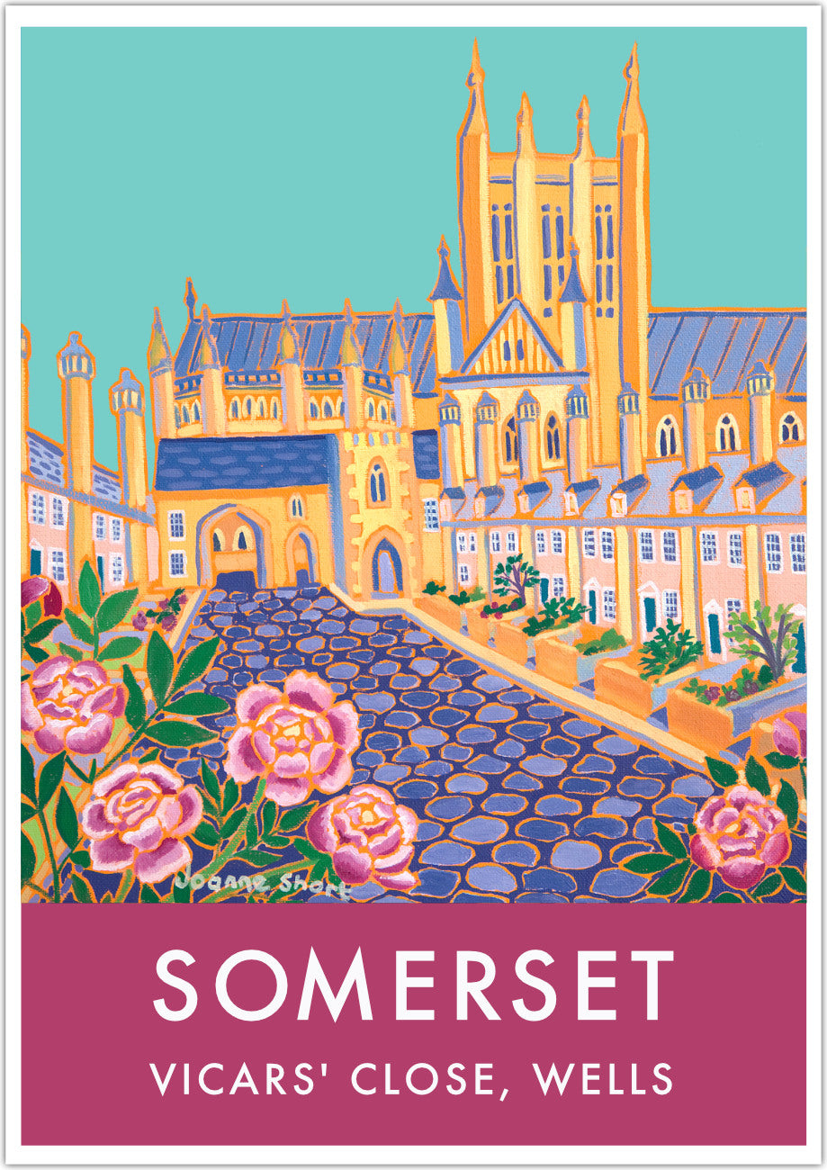 Vintage Style Wall Art Poster Print by Joanne Short of Vicars&#39; Close Garden and Wells Cathedral in Somerset