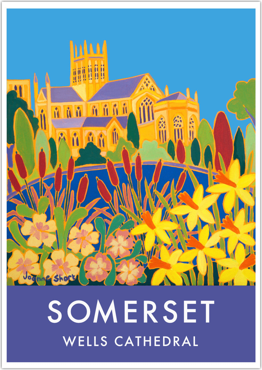Wall art poster print of Wells Cathedral in Wells Somerset with spring flowers and daffodils by British artist Joanne Short. Wells in Somerset is one of England&#39;s most beautiful cities. Artist Joanne Short lives and works in Wells as well as from her studio in Cornwall.