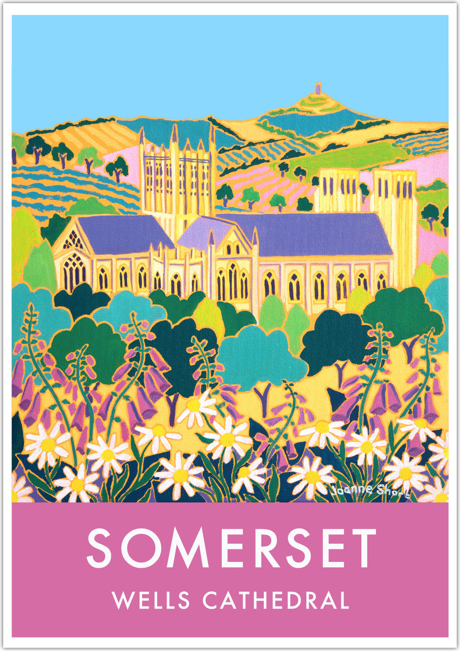 Wall art poster print of Wells Cathedral, Glastonbury Tor and the Somerset landscape by artist Joanne Short with pink foxgloves and wildflowers. A wonderful image of the Somerset landscape looking through wildflowers towards Wells Cathedral and then Glastonbury Tor beyond. Artist Joanne Short's painting 'Springtime Flowers, Wells' is beautifully reproduced on this vintage style travel art poster and is available framed or unframed in a range or sizes to fit your home or office.