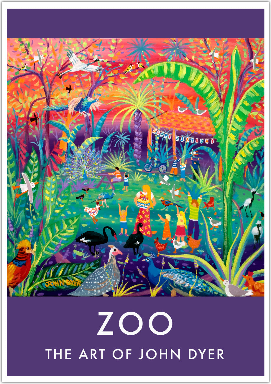 Zoo wall art poster print by artist John Dyer. As the artist in residence for Newquay Zoo in Cornwall for Darwin 200 John studied many of the zoo's birds to create this wonderful celebration image of a birthday party at the zoo. John noticed that a huge variety of birds gathered after and during the party to collect any crumbs of food. Wonderful. This art poster print is available unframed or framed in a range of sizes.