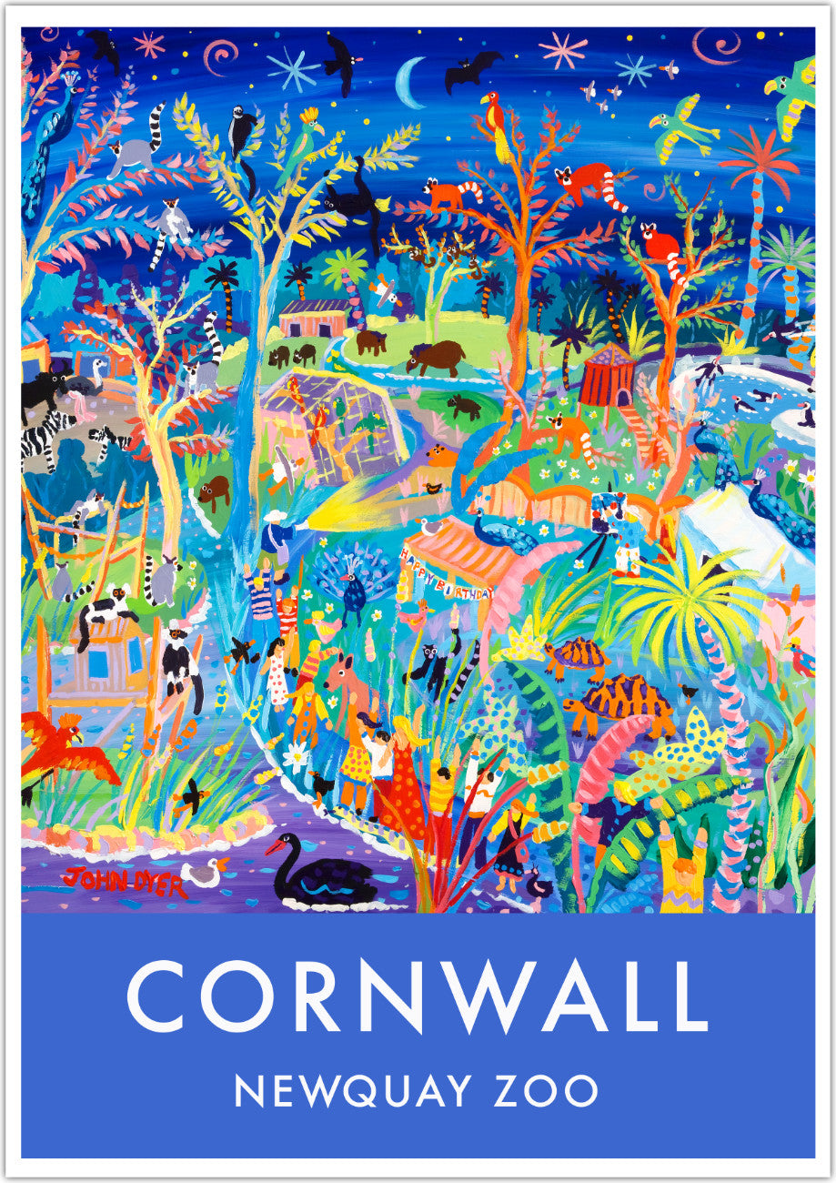 John Dyer wall art poster print of the zoo with animals waking up under a star filled sky.