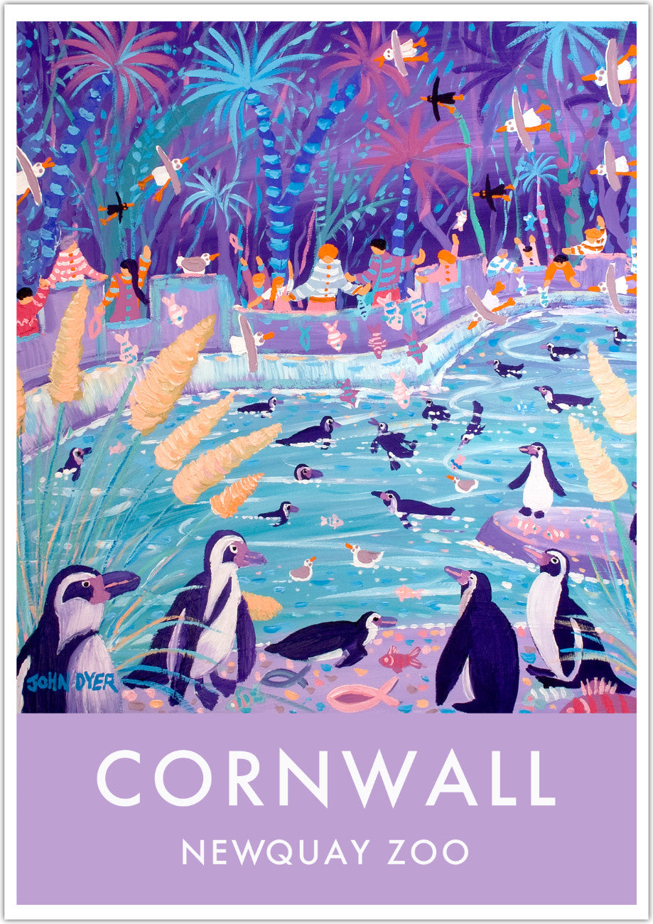 Wall art poster print of humboldt penguins at the zoo by artist John Dyer. Painted during John&#39;s official Darwin 200 residency at Newquay zoo for the UK&#39;s Darwin 200 celebrations. The crowds are enjoying the penguins and are feeding them with fish as the penguins swim around in their penguin pool. Beautiful purple and blue colours are used throughout the piece. Available unframed or framed and ready to hang in your home.