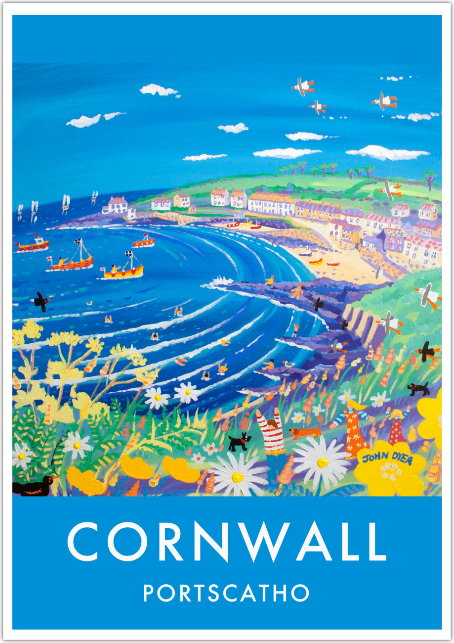 Portscatho Art Print by Cornish Artist John Dyer. Cornwall Art Gallery, Vintage Style Poster Prints of Cornwall.