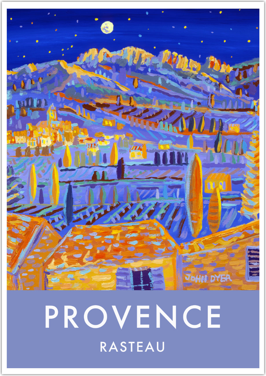 This travel art poster print of Provence features the amazing art of John Dyer and the view looking across the landscape of Provence from the village of Rasteau towards the wine producing villages of Séguret and Sablet. The Dentelles de Montmirail chain of mountains catch the moonlight in the distance set against a deep blue night sky. You can almost hear and smell the atmosphere of an August night in Provence from this art poster. Available framed or unframed