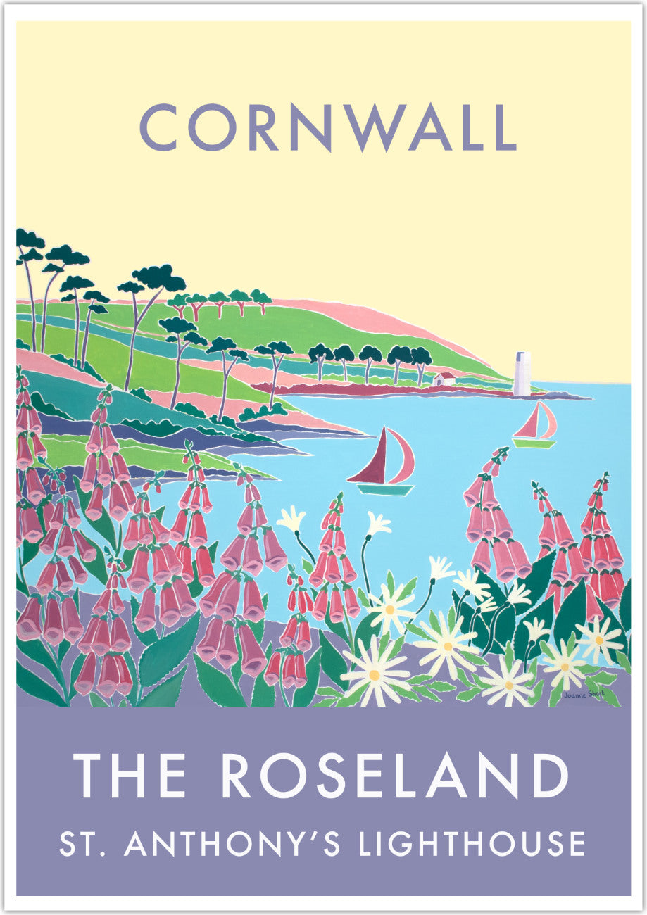 Cornwall wall art poster print of St. Anthony's Lighthouse on the Roseland Peninsula by Cornish artist Joanne Short. This vintage style art poster of St. Anthony's Lighthouse on the Roseland Peninsula in Cornwall by acclaimed Newlyn Society Artist Joanne Short is absolutely spectacular. Gorgeous colour combinations with foxgloves, daisies and a perfect blue sea create a wonderful vision of Cornwall. Stunning type and use of colour complete this very special travel archival art poster print.