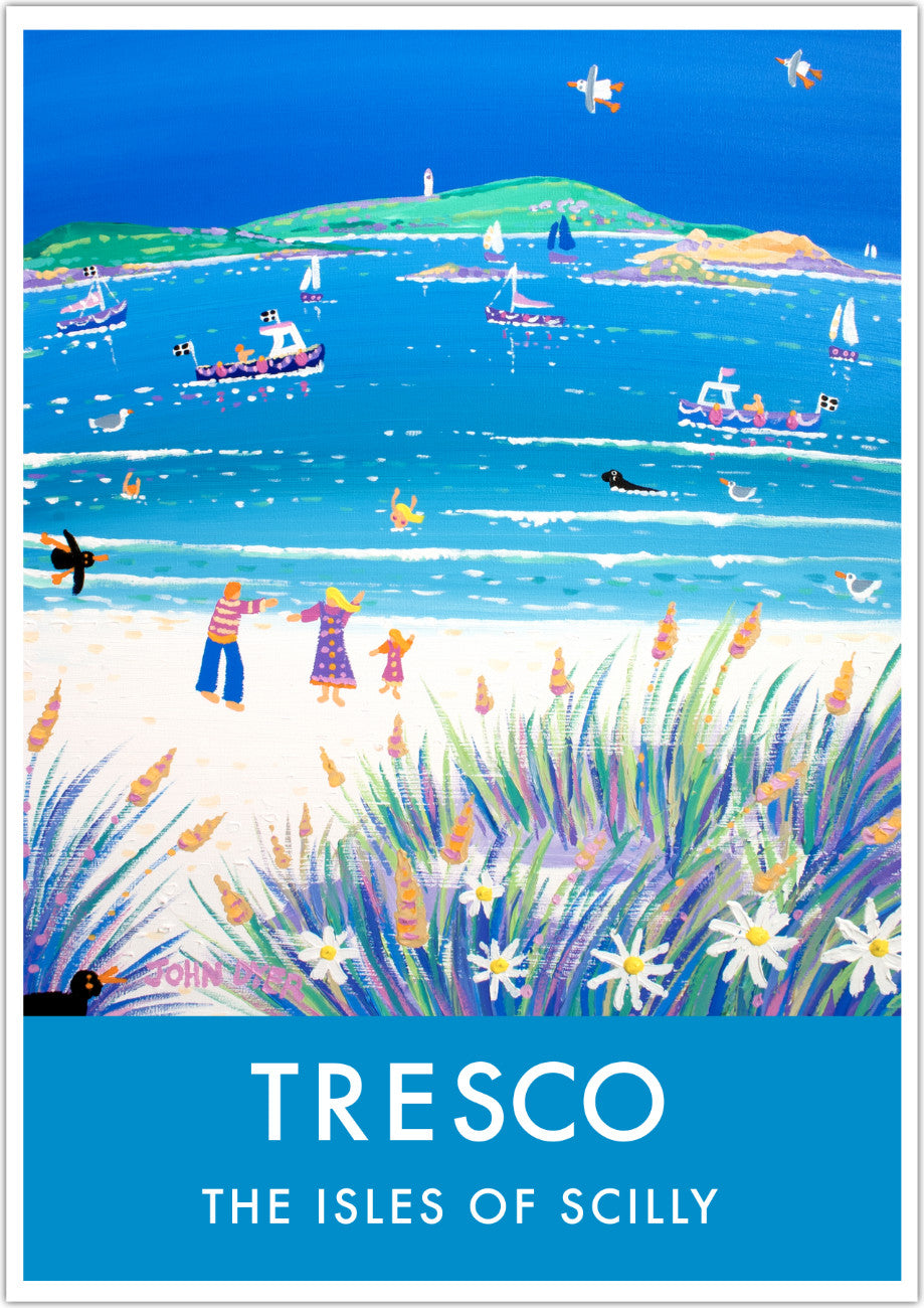 John Dyer wall art poster print of Tresco, Isles of Scilly in Cornwall. The Island of Tresco, Isles of Scilly is a favourite subject for Cornish artist John Dyer to paint. This vintage style seaside travel art poster print features one of the artist's paintings of the beach on Tresco. The wonderfully blue sea and white sand make a wonderful backdrop for the wild grasses and flowers that grow around the coast. A fabulous art poster print that captures Tresco at its best.