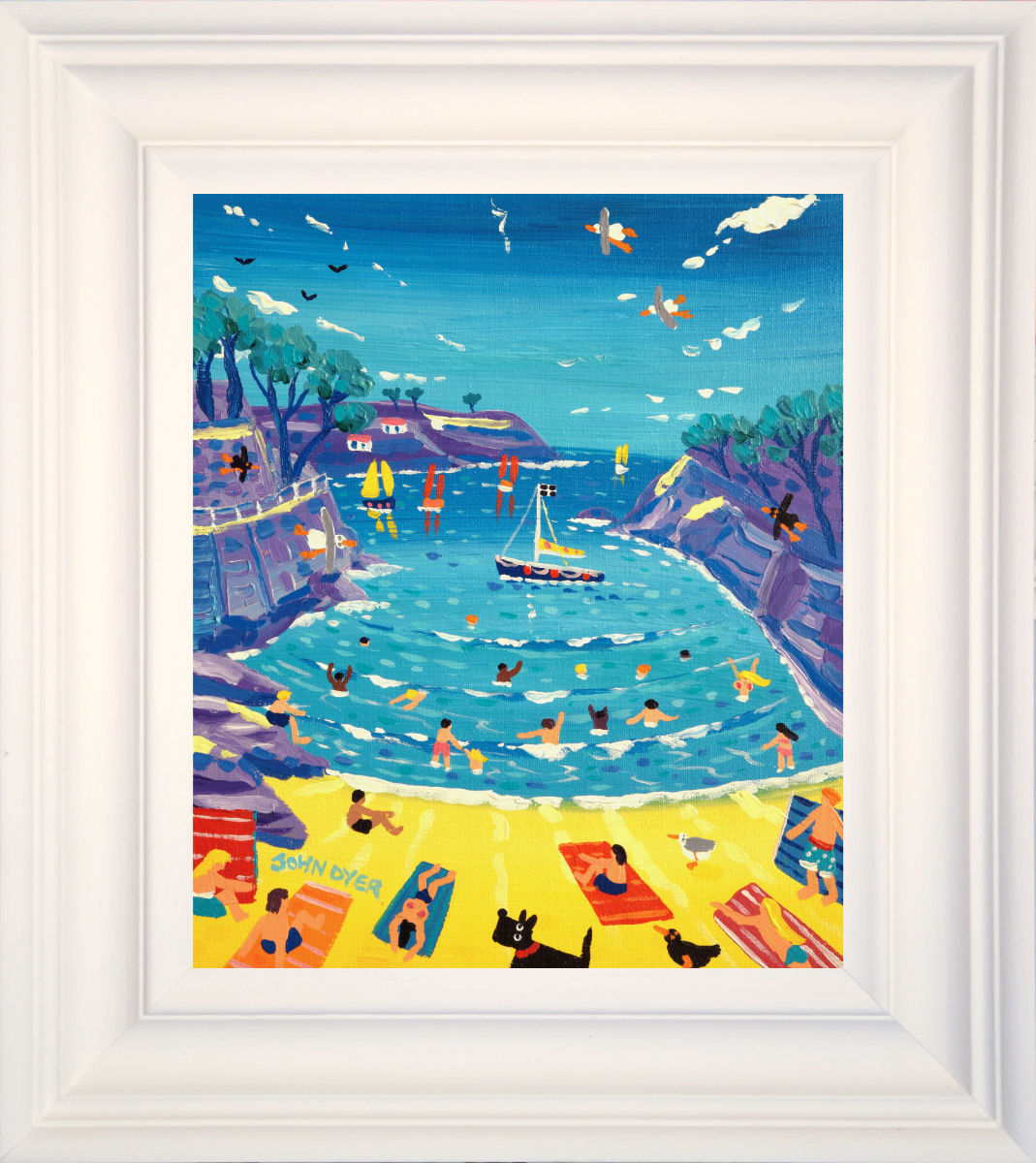 'Beach Towels and Bathers, Readymoney Cove, Fowey', 12x10 inches acrylic on canvas. Cornwall Painting by Cornish Artist John Dyer. Cornish Art from our Cornwall Art Gallery