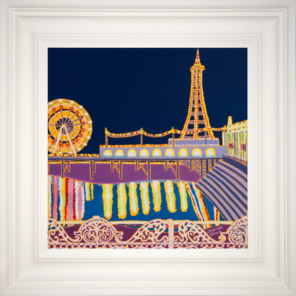 Painting by Joanne Short. Illuminated Blackpool. Tower ballroom, big wheel, pier.
