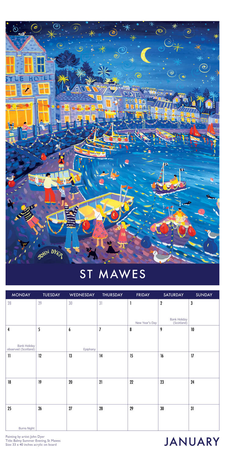 2021 Slim Calendar of Cornwall by Cornish artists Joanne Short and John Dyer