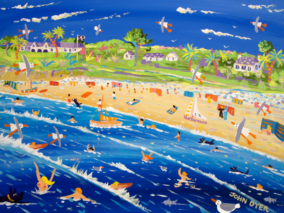 Signed Limited Edition Print by Cornish Artist John Dyer. &#39;Bobbing in the Blue, Carne Beach, Roseland&#39;. Cornwall Art Print