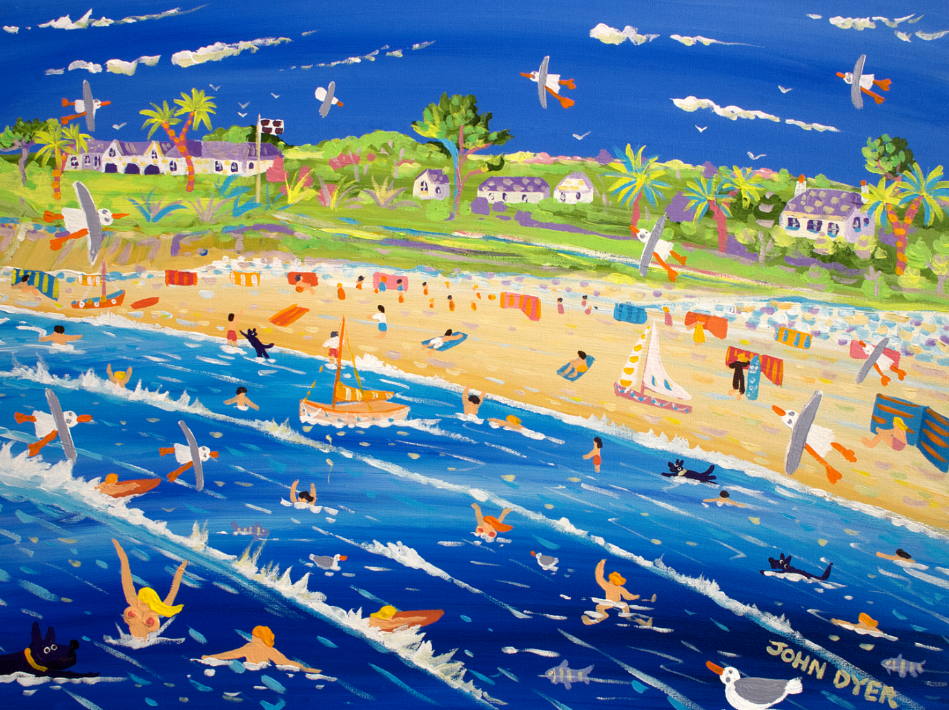Signed Limited Edition Print by Cornish Artist John Dyer. 'Bobbing in the Blue, Carne Beach, Roseland'. Cornwall Art Print
