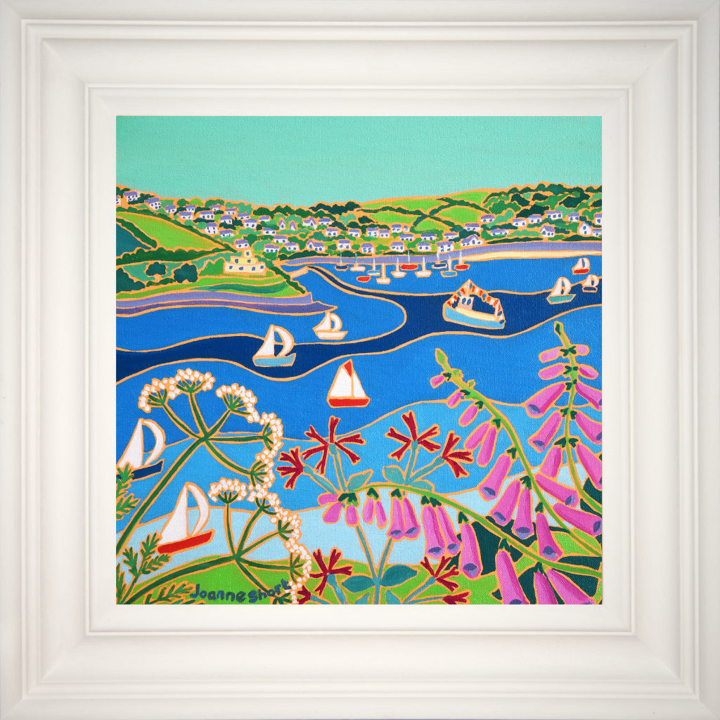 Sailing boats racing past St Mawes Castle in Cornwall. Painting by Joanne Short with Campion, Cow Parsley and Foxgloves. The St Mawes Ferry can be seen in the picture.