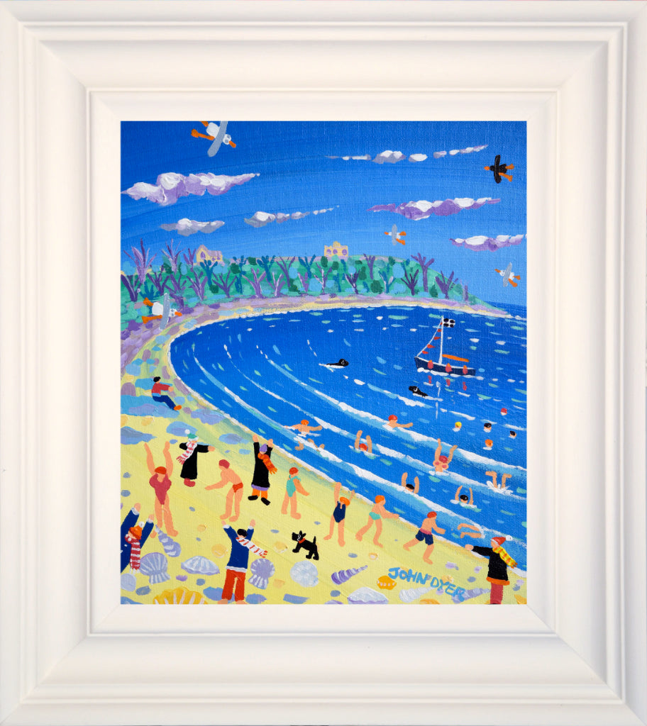 Painting of Falmouth beach with cold water swimmers, sea shells, scotty dog and seagulls by Cornish artist John Dyer.