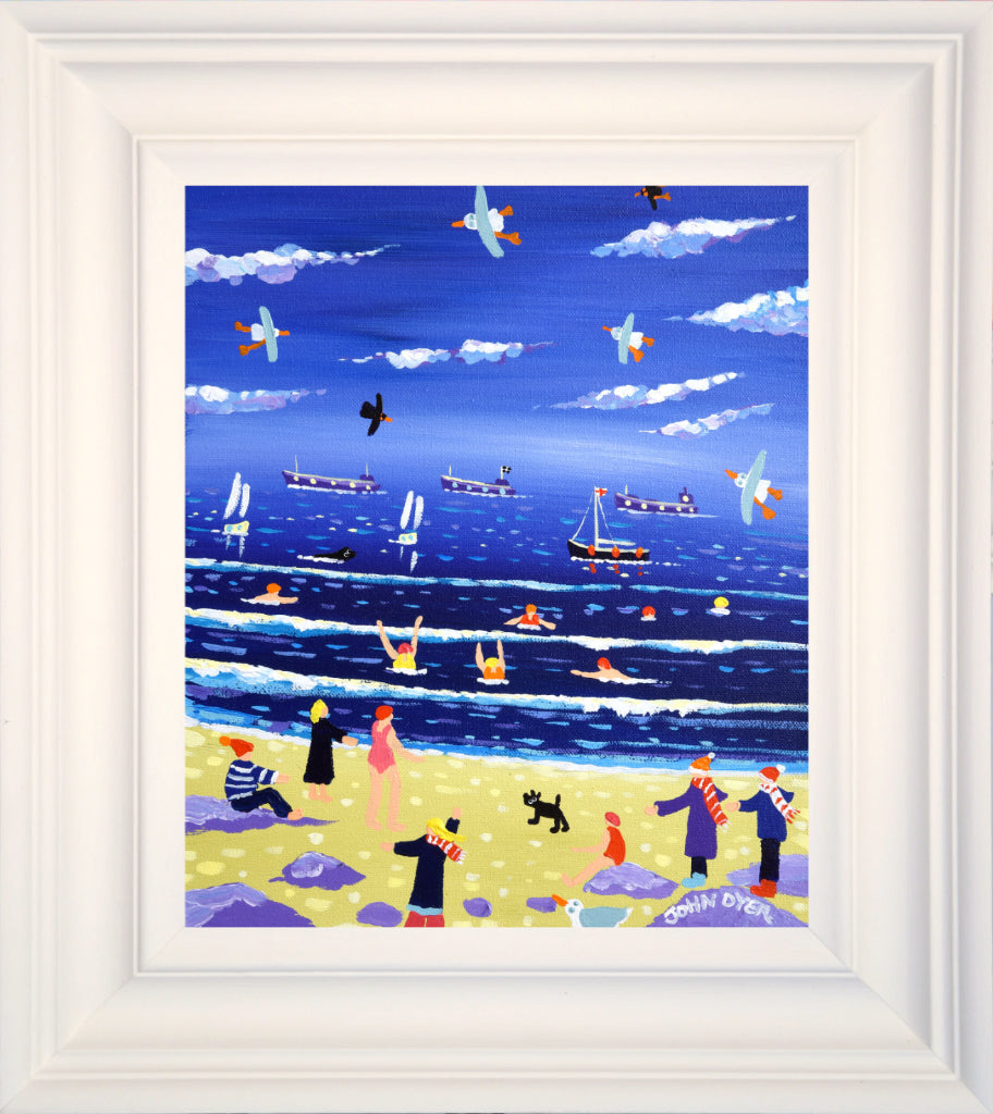 Cold water swimmers in Falmouth, Cornwall. Painting by artist John Dyer.