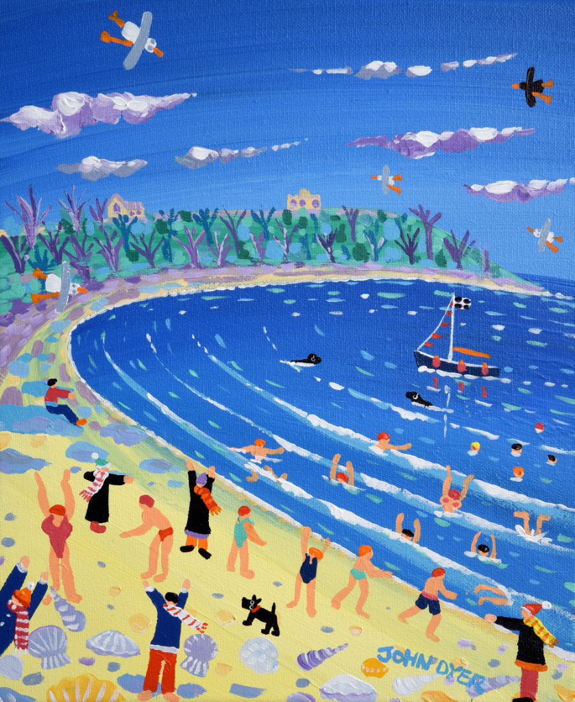 Painting of Falmouth beach with cold water swimmers, sea shells, scotty dog and seagulls by Cornish artist John Dyer.