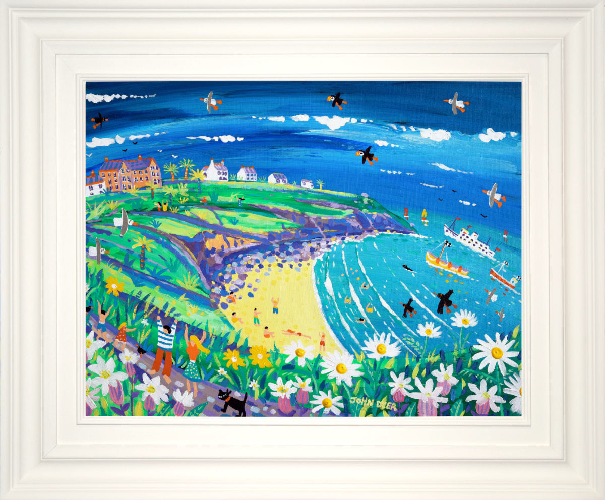 &#39;Cornish Choughs and Puffins, Housel Bay&#39;, 18x24 inches acrylic on canvas. Cornwall Painting by Cornish Artist John Dyer. Cornish Art from our Cornwall Art Gallery