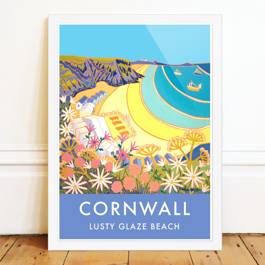 Framed Lusty Glaze Beach, Newquay, Art Print by Cornish Artist Joanne Short. Cornwall Art Gallery, Vintage Style Poster Prints of Cornwall.
