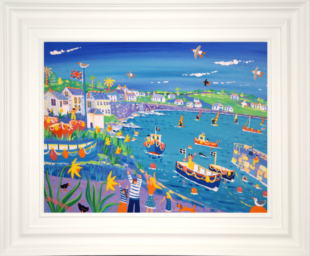 Coverack Harbour with daffodils painting by John Dyer. Windsurfers, sausage dachshund dog, fishermen and a union jack flag.