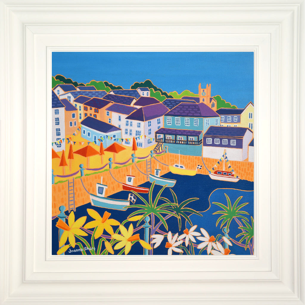 Joanne Short oil painting of Customs House Quay in Falmouth, Cornwall. palm trees, daffodils, bunting, cafe, pub and fishing boats. 