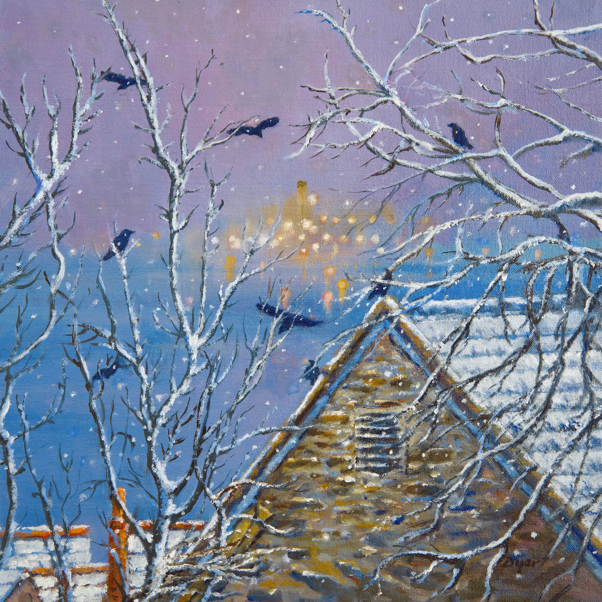 &#39;Rooks in the Snow. Falmouth&#39;, 14 x 14 inches original art oil on canvas. Paintings of Cornwall by Cornish Artist Ted Dyer from our Cornwall Art Gallery