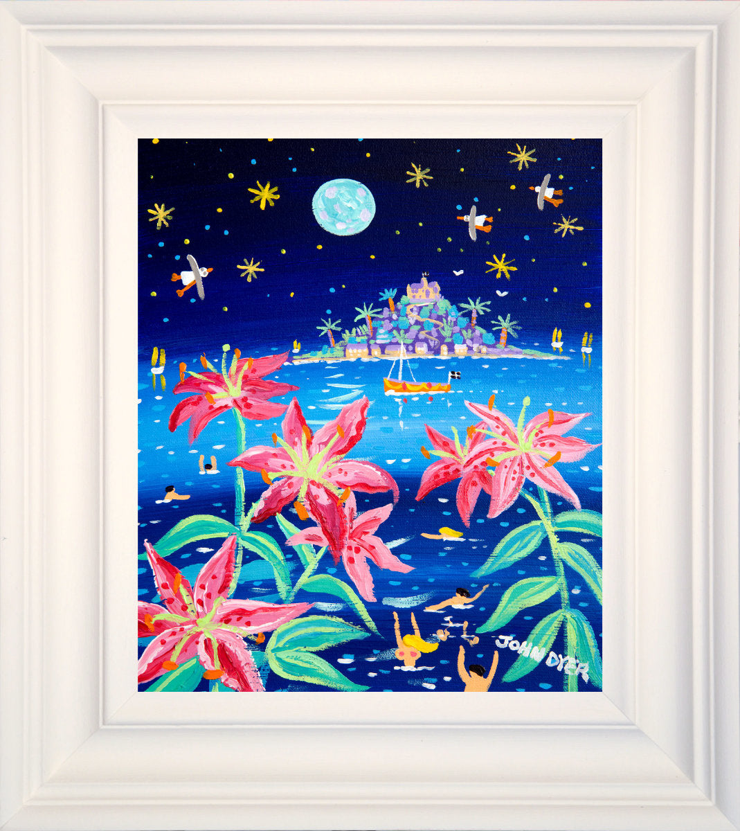 Cornwall Art Gallery Painting by John Dyer. 'Full Moon Pink Lilies, St Michael's Mount', 12 x 10 inches acrylic on canvas.