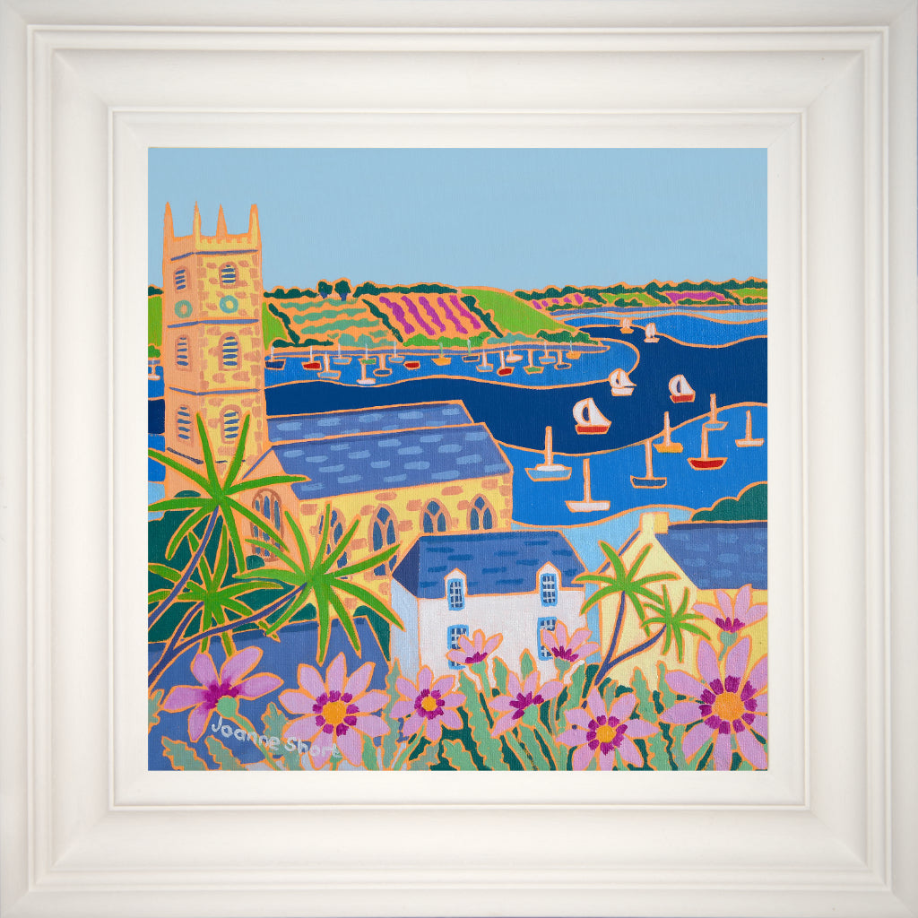 King Charles Church in Falmouth Cornwall painted by artist Joanne Short. Falmouth bay with boats, palm trees and flowers.