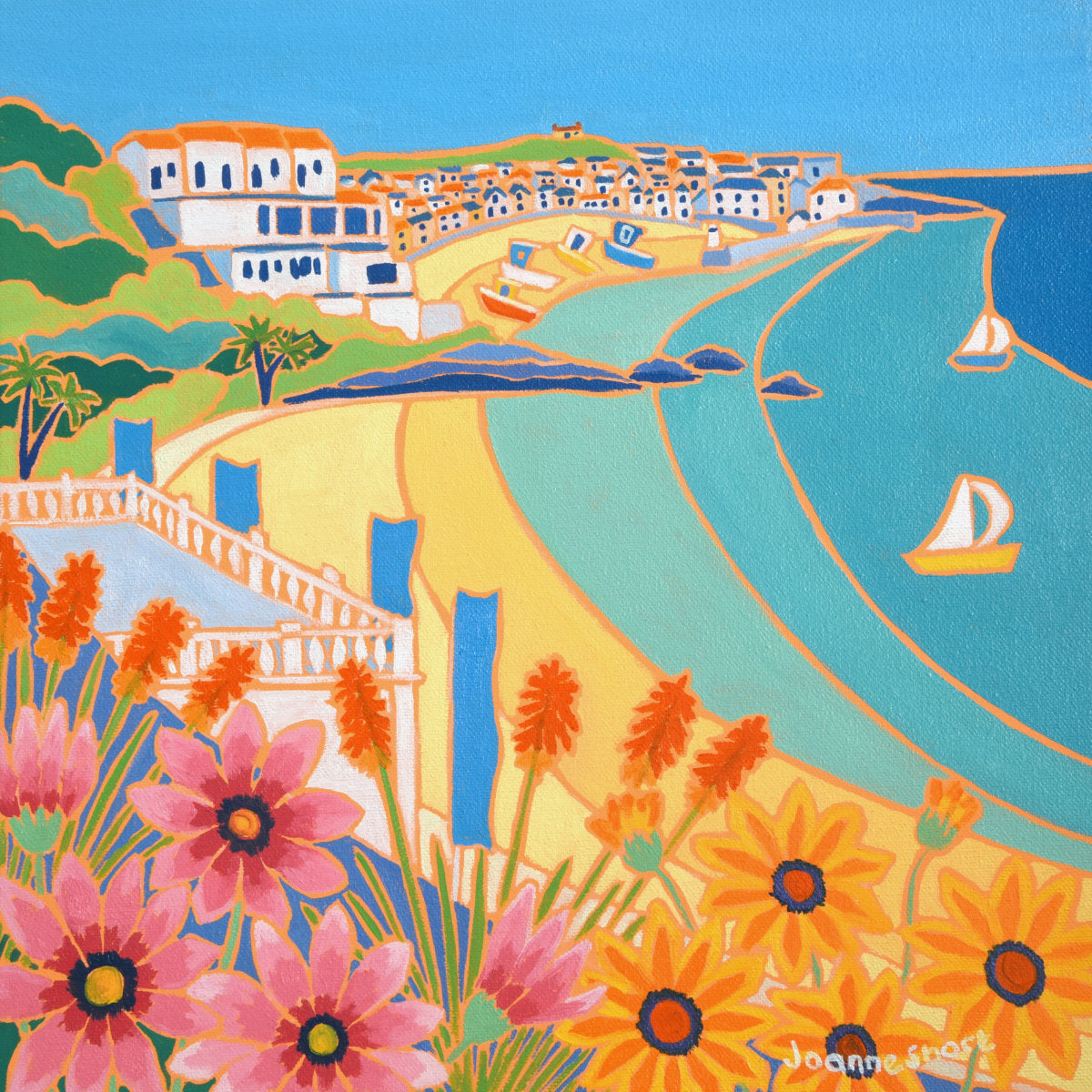 &#39;Flowers and Flags Porthminster Beach St Ives&#39;, 12x12 inches oil on canvas. Painting by Cornish Artist Joanne Short. Cornish Art from our Cornwall Art Gallery