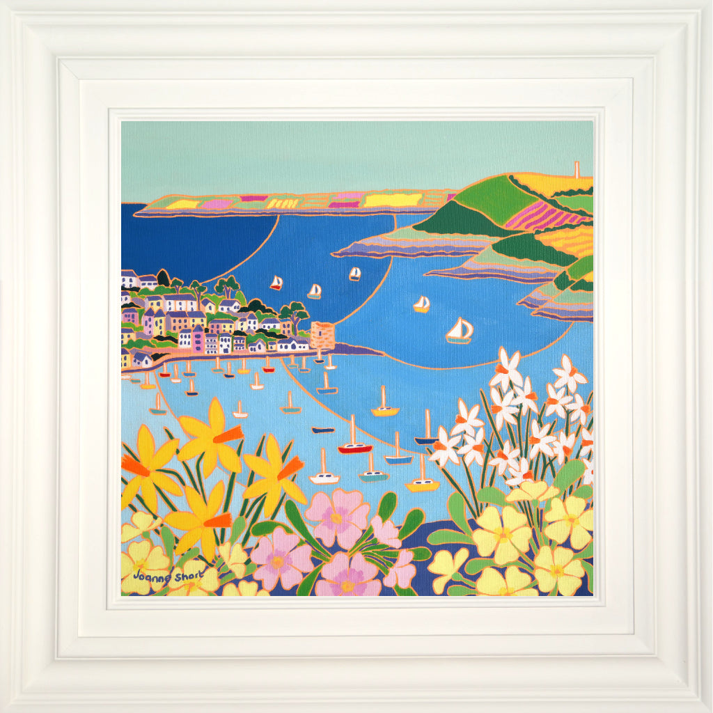 Cornwall Gallery Painting by Joanne Short. &#39;Spring Flowers Polruan&#39;.  18 x 18 inches, oil on canvas