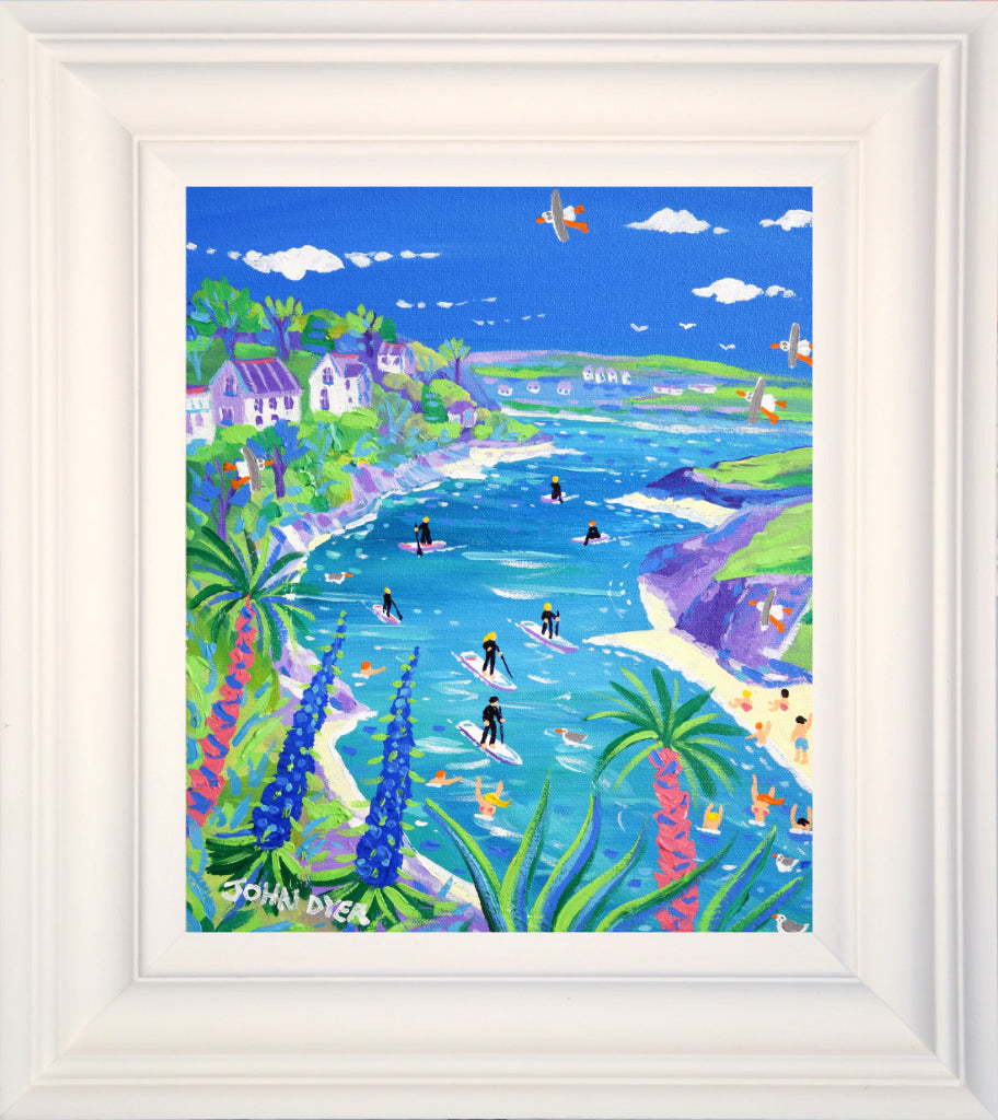 John Dyer painting of paddleboarding on the river Gannel in Newquay. Crantock beach, echiums and palm trees, topless swimmers and seagulls.