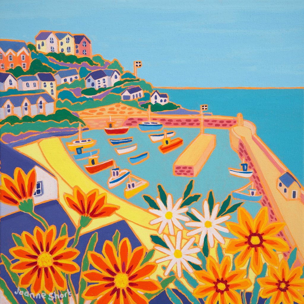 A stunning original oil by Cornish artist Joanne Short, this painting boasts the colour and glory of Newquay harbour at its best. The bright orange and yellow gazanias smile down at the fishing boats nestled in the harbour below. If purchased, this painting will appear take you straight back to your holiday in Cornwall every time you look at it and the sun will seem to shine in the room all year round.